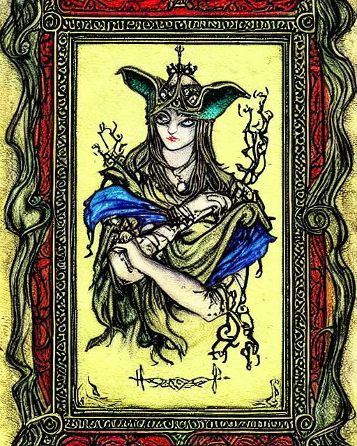 Image similar to tarot card, very detailed painting, illustration, colorful, tarot card ornate frame with roman numerals, in style of Arthur Rackham