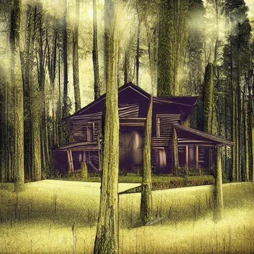 Prompt: digital art, house in forest as horror