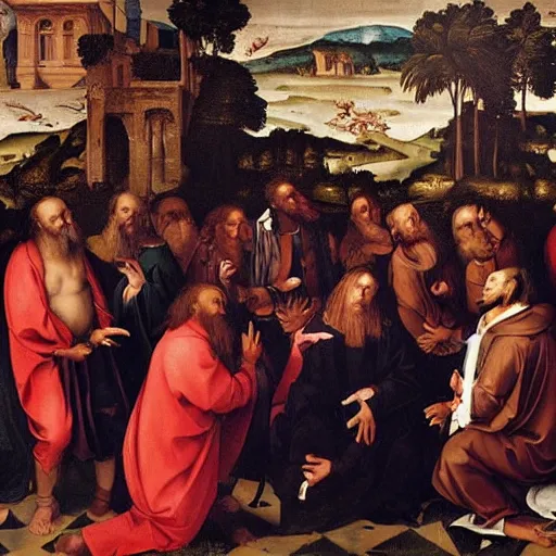 Image similar to Lil Wayne and his apostles in the background, renaissance art