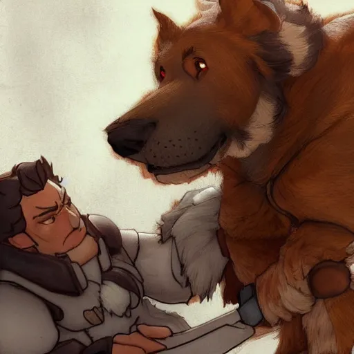 Image similar to reinhardt petting a brown dog, highly detailed, hyperrealistic, smooth focus, sharp, artstation