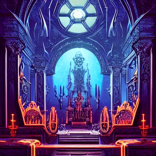 Image similar to Rafael Albuquerque comic art, The interior of an underwater city, insanely ornamented with baroque evil golden decorations, black ornaments, ominous devilish altar made of bones, blue neon light coming from the windows, mysterious atmosphere, octane