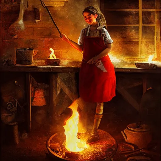 Prompt: the blacksmits’ daughter working in the forge, a smile at her face, dramatic light, fire, fantasy art in the style of Lilia Alvarado,