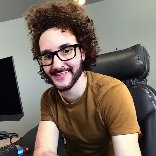 Prompt: twitch streamer with curly hair and glasses playing fortnite