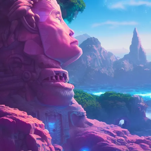 Image similar to vaporwave, highly detailed surreal vfx portal to another dimension, giant head ruins, vaporwave, stephen bliss, unreal engine, greg rutkowski, loish, rhads, beeple, makoto shinkai and lois van baarle, ilya kuvshinov, rossdraws, tom bagshaw, global illumination, detailed and intricate environment