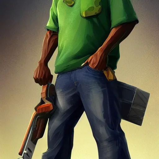 Image similar to cj from gta san andreas as super mario, highly detailed, digital painting, artstation, concept art, sharp focus, illustration, art by greg rutkowski and alphonse mucha