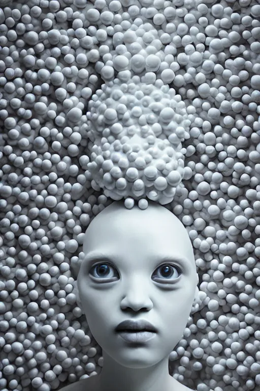 Image similar to full head and shoulders, beautiful porcelain female person, mixed with three giant frog spawn eyes, smooth, delicate facial features, white detailed eyes, white lashes, 3 d white shiny thick, larg tentacles and eyeballs, background is an empty art gallery, by daniel arsham and james jean, featured in pictoplasma