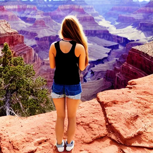 Prompt: a photo of a young woman with long pink hair looking at grand canyon, hiking clothes, tank top, backpack, arizona, grand canyon in background, cinematic, beautiful, stunning, morning, epic, 8 k