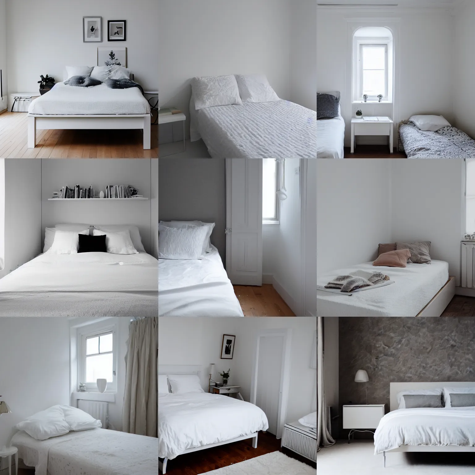 Prompt: a small single white bed in the corner of a white room