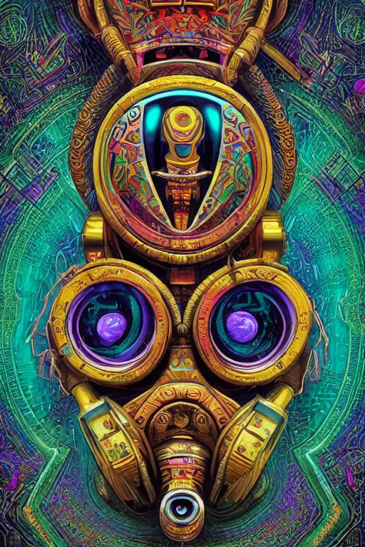 Image similar to a detailed portrait of a fashionable cyberpunk egyptian mayan deity aliens extraterrestrial wearing an ornate cyberdelic gas mask in the style of escher and william blake and stephen gammell and lisa frank in the style of adorable dark fantasy, fantasy, surrealism, crisp, award winning art, vivid colors, cmyk color scheme, low contrast, tilt shift, 8 k