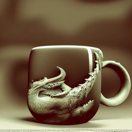 Prompt: “ a sad disappointed dragon sits and looks into a coffee mug, face portrait, unreal 5 engine render, concept art ”