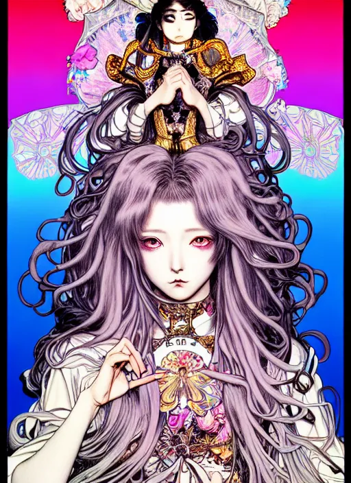 Prompt: highly detailed terada katsuya ayami kojima atrstation manga poster of princess mechine, rainbow gradient reflection, cute face by artgerm, long hair, armor, dress, laces, ruffles, 8 k, maximalist,, jump comics, tomer hanuka, alphonse mucha