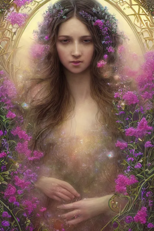 Image similar to elaborately detailed close up realistic portrait of an extremely beautiful girl with very long dark hair surrounded by flowers, an eerie mist and many ethereal rainbow bubbles, Aetherpunk, iridiscent geometry, high fantasy professionally painted digital art painting, fantasy matte painting movie poster, Art Nouveau, smooth, sharp focus, atmospheric lighting, highly detailed illustration highlights, backlight, golden ratio, 8K detail post-processing, symmetrical facial features, rich deep moody colors, majestic, dark epic fantasy, award winning picture, sense of awe, featured on DeviantArt, trending on cgsociety