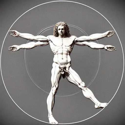 Image similar to Da Vinci's Vitruvian Man as a marble sculpture by Michelangelo, 4k, hyper realistic, detailed, accurate anatomy, four legs, four arms, octane render, well lit studio lighting, unreal engine