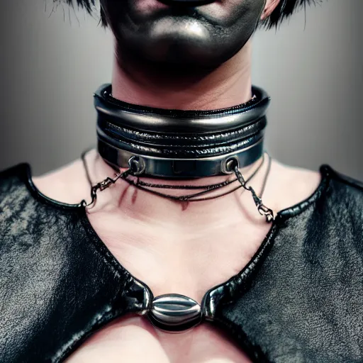 Image similar to detailed realistic female character cyberpunk wearing thick steel collar around neck, realistic, art, beautiful, 4K, collar, choker, collar around neck, punk, artstation, detailed, female, woman, choker, cyberpunk, neon, punk, collar, choker, collar around neck, thick collar, choker around neck, wearing choker, wearing collar,