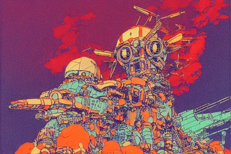 Image similar to risograph grainy drawing vintage sci - fi, satoshi kon color palette, gigantic gundam full - body covered in dead coral reef, 1 9 8 0, kodachrome, natural colors, codex seraphinianus painting by moebius and satoshi kon and dirk dzimirsky close - up portrait