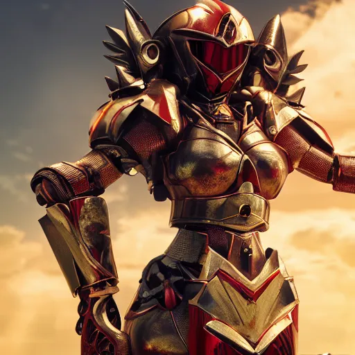 Image similar to picture of metal armored valkyrie, crimson plated, sword and shield, golden wings, divine vibes, light brown hair, white skin, shiny golden eyes, sky background, sharp focus, highly detailed, cinematic lighting, studio quality, smooth render, unreal engine 5 rendered, octane, rendered