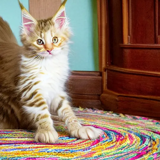 Prompt: a playful cream colored maine coon kitten is alone and plays with cat toys on a colorful round throw rug with tassel fringes. the rug is in the middle of a dusty kitsch filled parlor. the parlor has wood panel walls. a beam a very dusty light comes in from a window. the parlor is dimly lit. warmth, nostalgia