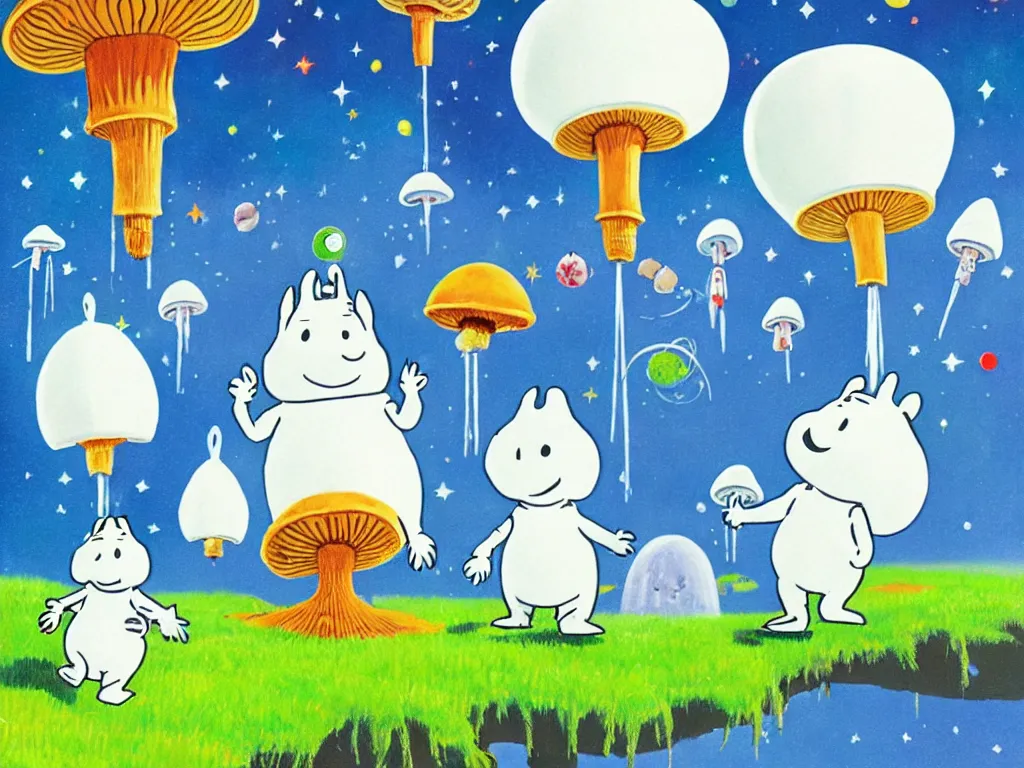 Image similar to moomins in space suits flying around with jetpacks discovering the mushroom planet, photorealistic painting, cgi, low light