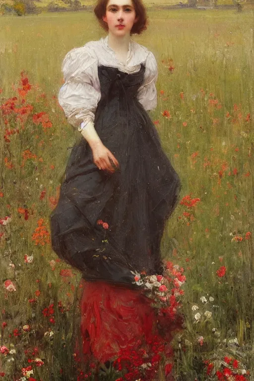 Image similar to Solomon Joseph Solomon and Richard Schmid and Jeremy Lipking victorian genre painting portrait painting of an elegant slim young cottagecore girl in an open field of flowers, red background