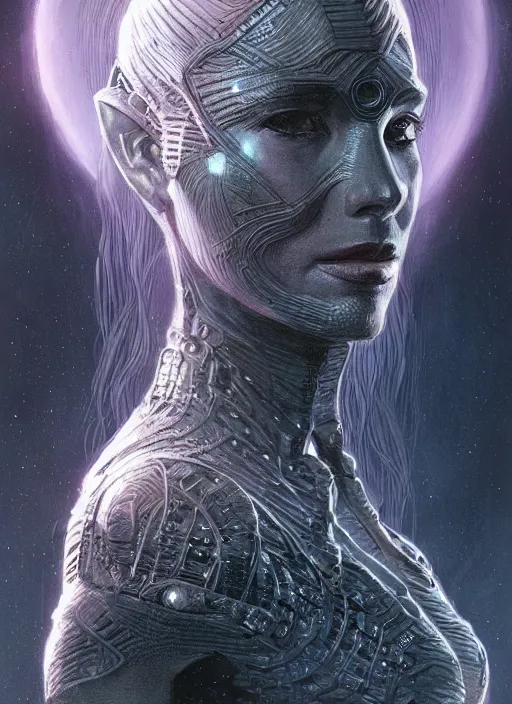 Image similar to Portrait of the Borg Queen, from Star Trek, dark, intricate, highly detailed, smooth, artstation, digital illustration by Artgerm and Wayne Barlowe and Greg Rutkowski