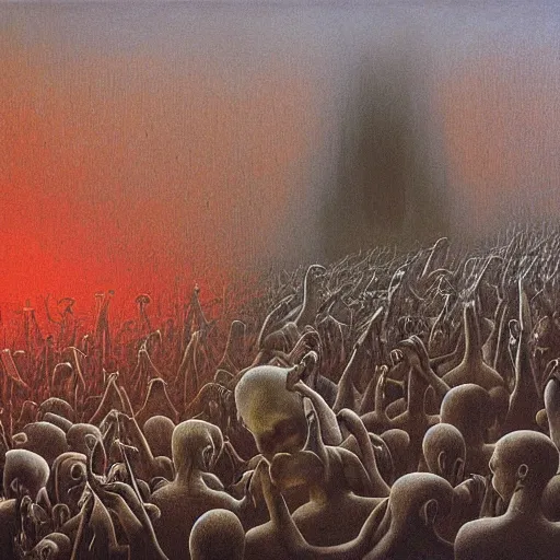 Prompt: a hyperrealistic painting of a punk gig by zdzislaw beksinski,