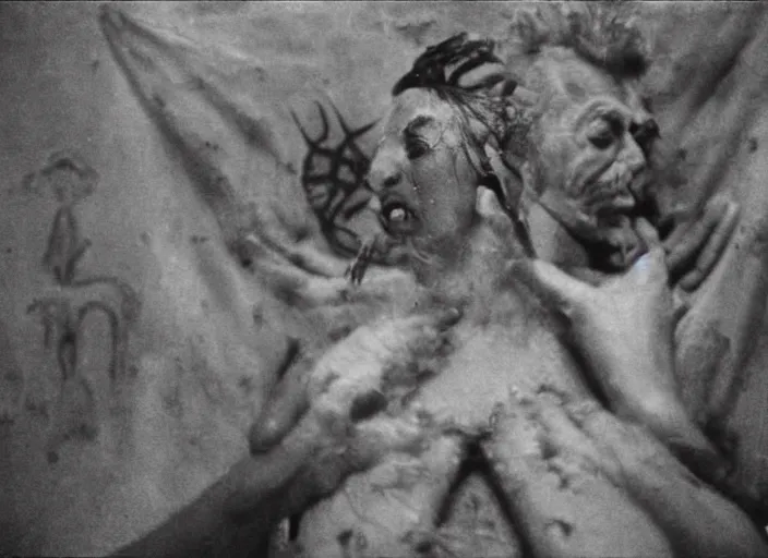 Image similar to a love scene from a feature film by leonora carrington, alejandro jodorowsky, roger ballen and nobuyoshi araki : : pagan occultism, magick ritual : : close - up shot : : anamorphic lens, kodakchrome : : 8 k