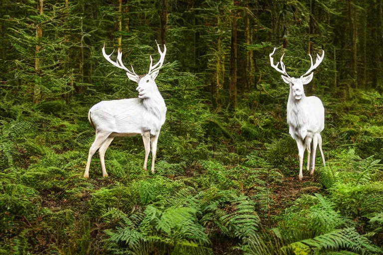 Prompt: a glowing white stag standing in ferns in the middle of the forest, at night