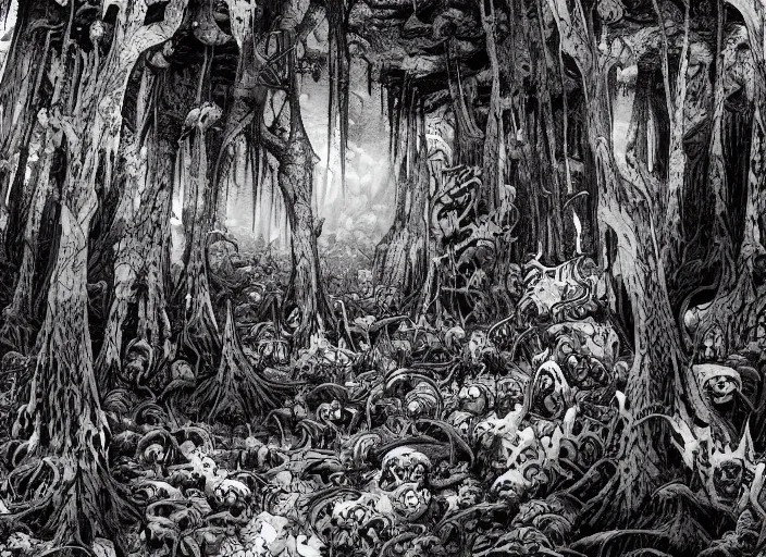 Image similar to a landscape of a forest at hell by takeshi obata and mike mignola, hell, dragons, red and black colors, colors, abandoned buildings, forest with trees with faces, small demons, shadows screaming, night sky, highly detailed, cgsociety, artstation, pencil and ink, very detailed