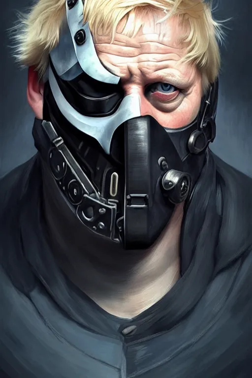 Image similar to Boris Johnson as a Bane from Dark Knight, Boris Johnson hairstyle, realistic portrait, symmetrical, highly detailed, digital painting, artstation, concept art, smooth, sharp focus, illustration, cinematic lighting, art by artgerm and greg rutkowski and alphonse mucha