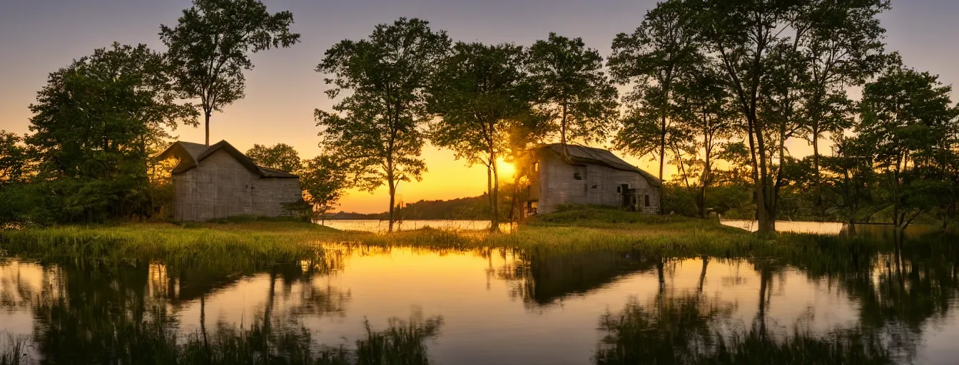 Prompt: a serene landscape with a singular building near a lake at sunset, 8k, low saturation, high quality, high detail