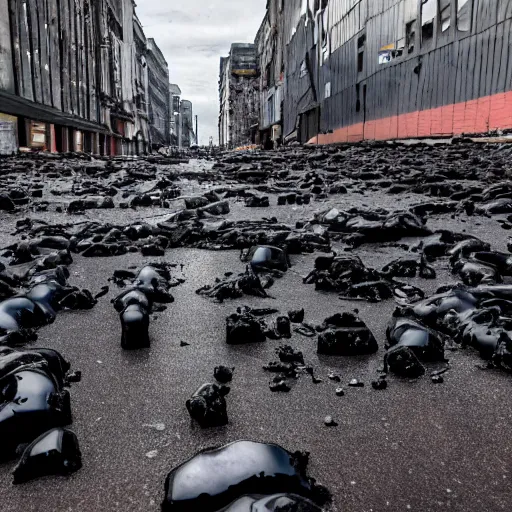 Prompt: apocalyptic city, buildings covered in shiny black tar, black shiny gooey tar on buildings, black shiny goo everywhere