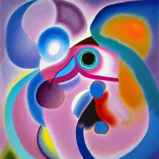 Image similar to painting of a face by Kandinsky with smooth gradients; background has random abstract art; 3d unreal engine, 4k 3d render