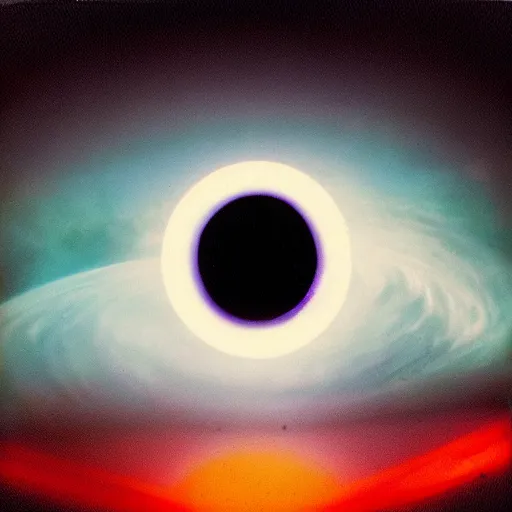 Image similar to polaroid photo of black hole in space, close up, futuristic light, trending on artstation, retro photography