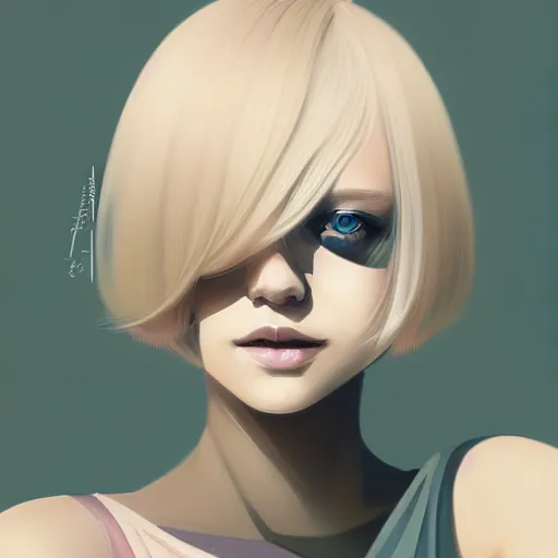 Image similar to urban girl fanart, blond bob haircut, muted colors, matte print, pastel colors, ornate, digital art, cute smile, digital painting, fan art, elegant, pixiv, by maciej kuciara