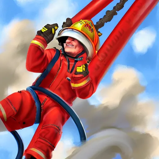 Prompt: fireman comically flying about from water hose pressure, digital art, artstation, drawn