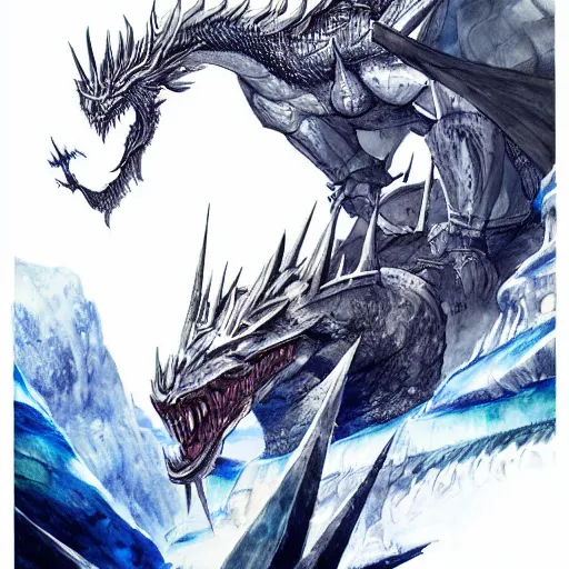 Image similar to Ice castle floating high above the ground being circled by a magnificent white scaled ice dragon, drawn by Yoji Shinkawa, water color, Dungeons and Dragons, Wizards of the Coast