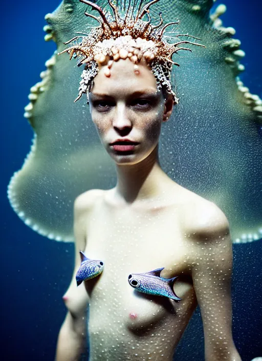 Image similar to kodak portra 4 0 0 photo portrait of a beautiful sirens floating in a crystal tank in style of tim walker, amphibian skin dress intricate detailed scales, 5 0 mm lens, f 2. 4, elegant, highly detailed, sharp focus, ethereal, out worldly colours, emotionally evoking, head in focus, soft blur light dreamy underwater, volumetric lighting, epic fantasy