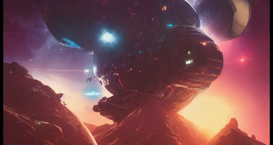 Prompt: Epic Retro futuristic Sci-Fi poster by Moebius and Greg Rutkowski, Giant spaceship, nebulae, starry sky