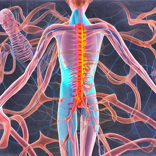 Prompt: how the nervous system works, sketch, medical drawing with annotations, digital Painting, artstation, ultradetailed by Pipilotti Rist