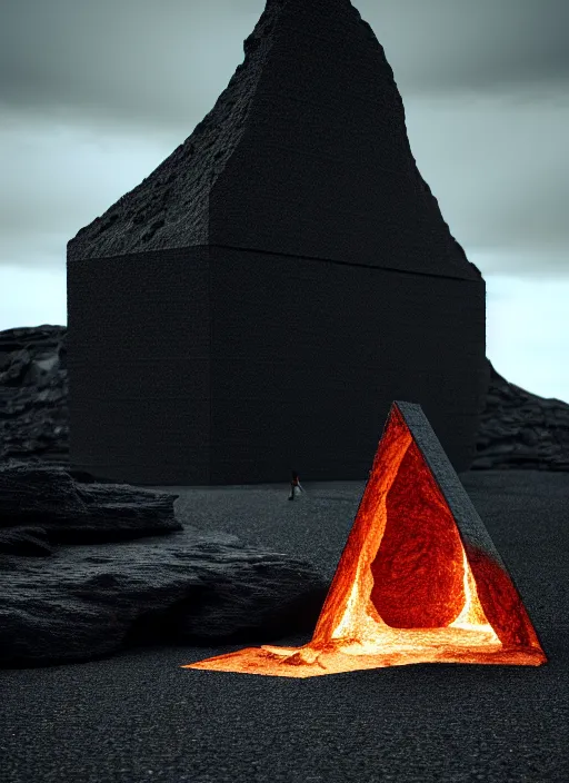 Image similar to tall black geometric house embedded in tall a lava cliff, full view, black house, molten metal house, minimal, rippled white landscape, dwarven architecture, light from molten iron, octane render, hyper realistic, 8 k, octane render