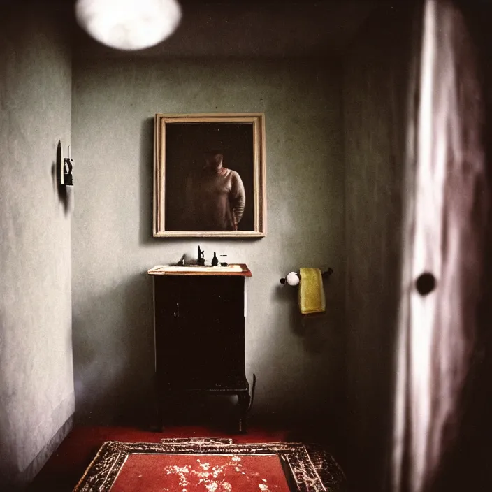 Image similar to kodak portra 4 0 0, wetplate, fisheye, award - winning portrait by britt marling, 1 9 2 0 s bathroom, ghost, picture frames, shining lamps, dust, smoke, 1 9 2 0 s furniture, wallpaper, carpet, books, muted colours, wood, fog,