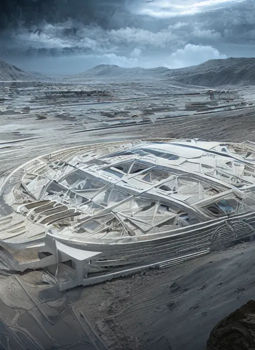 Image similar to techno mining tailing in chuquicamata bioremediation white futuristic horizontal architecture, epic, cinematic, hyperealistic, high detailed, corona render, hdr, ray tracing