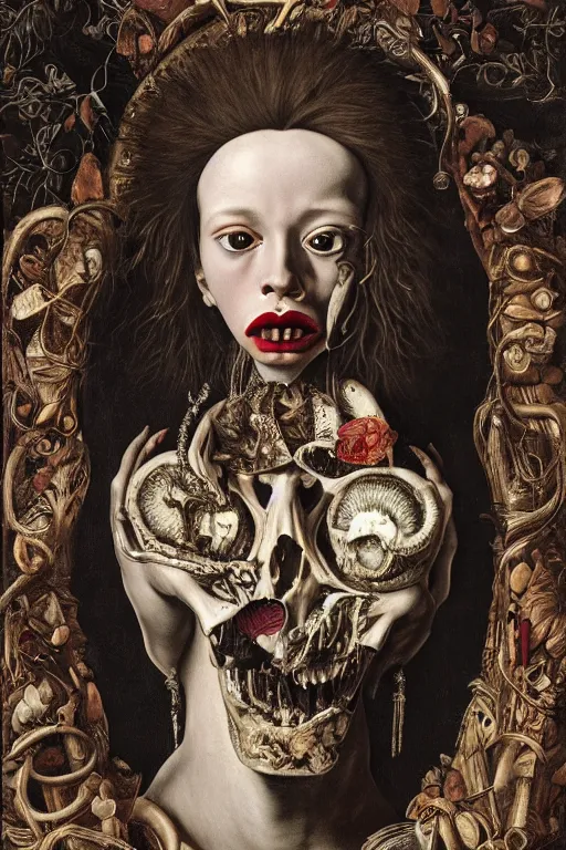 Image similar to Detailed maximalist portrait with large lips and with large, wide eyes, sad expression, extra bones, flesh, HD mixed media, 3D collage, highly detailed and intricate, surreal, illustration in the style of Caravaggio, dark art, baroque