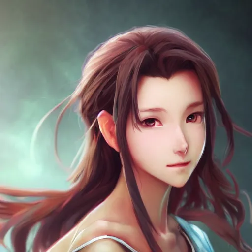 Image similar to face and body shot of aerith gainsborough by WLOP, rossdraws, Logan Cure, Mingchen Shen, BangkuART, sakimichan, yan gisuka, JeonSeok Lee, zeronis, Chengwei Pan on artstation