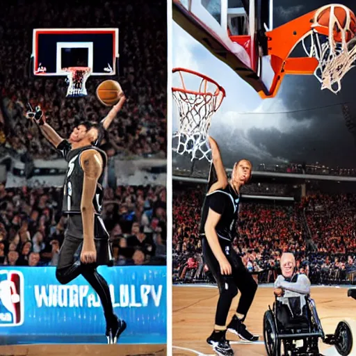 Prompt: photograph of stephen hawking flying through the air on flying wheelchair, dunking, side view, highlights of the 2 0 1 9 nba slam dunking contest