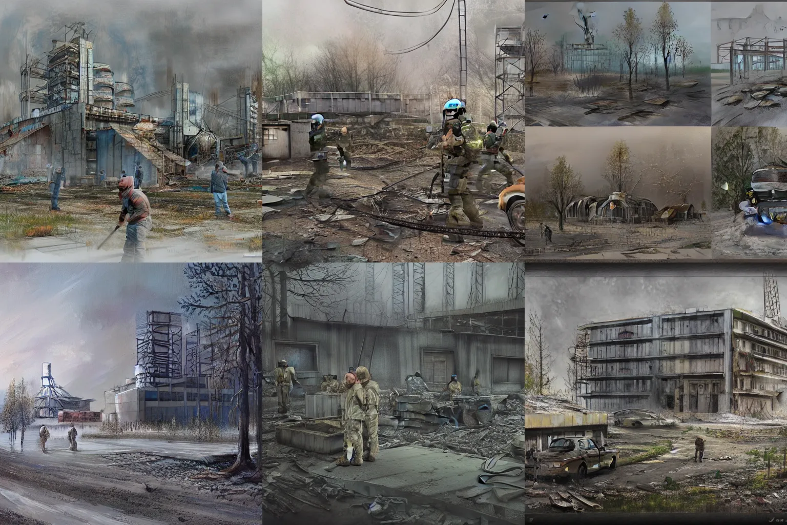 Prompt: liquidators in chernobyl, concept art by Robby Johnson, highly detailed, ultra detailed, ultra realistic, trending on artstation