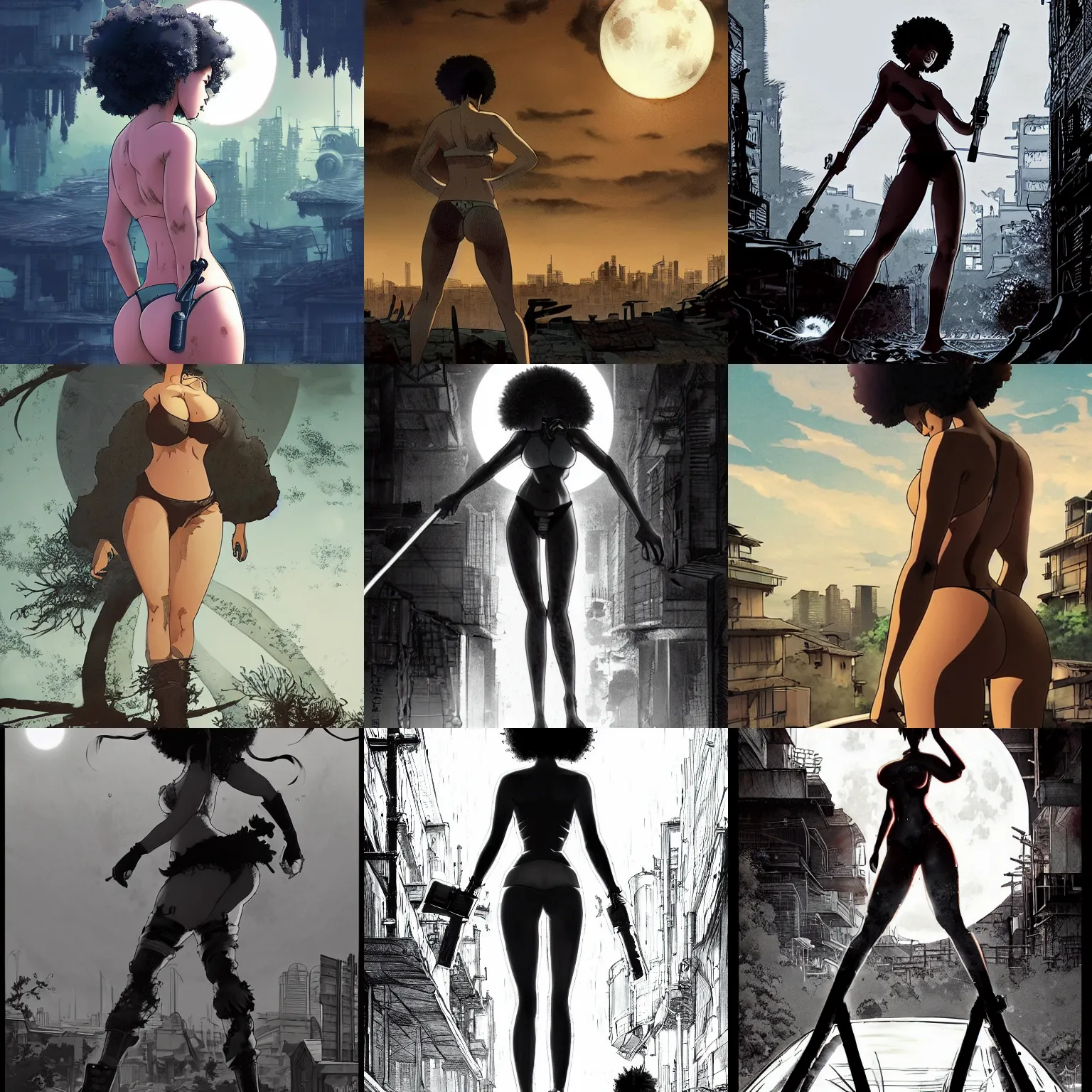 Prompt: thicc scarlett johansson afro samurai anime style, full body profile, dynamic wide angle lens, manga style, greg rutkowski, pencil and ink, full moon lighting, fully clothed swim suite, in a post apocalyptic city