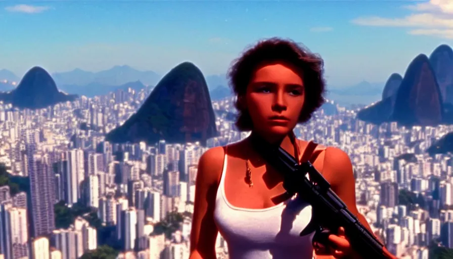 Image similar to 1 9 8 6 movie screencap of a girl with a gun on a rio de janeiro, gucci clothes, sparkes sky, beautiful favela background extremely utra high quality artwork 8 k