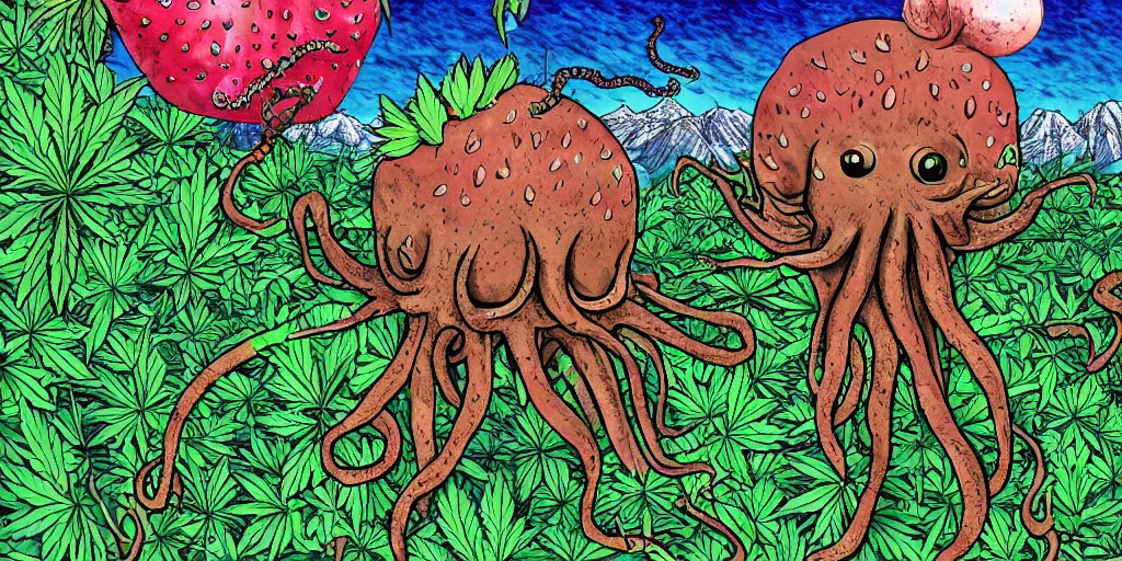 Prompt: weed, marijuana nug, weed leaf, cthulhu, growing out of the ground, scenic, garden of weed, octopus in the sky, mountains, digital art, 4 k, 8 k, strawberry fields forever, amazing art