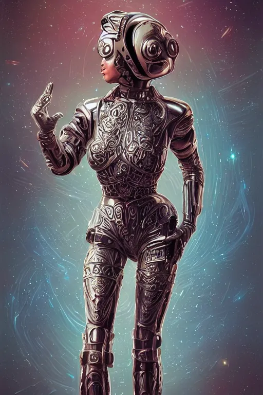 Image similar to retro-futuristic portrait of a beautiful female android in dusty chrome armour, dancing pose, ornate background, ornate pattern, glowing eyes, evil expression, high details, intricate details, renaissance style, painting by vincent di fate, artgerm julie bell beeple, 80s, Smooth gradients, High contrast, depth of field, very coherent symmetrical artwork